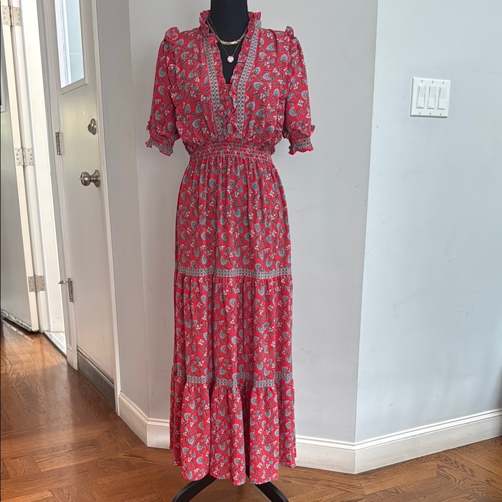 Max Studio Red and White Smocked Tiered Maxi Dress